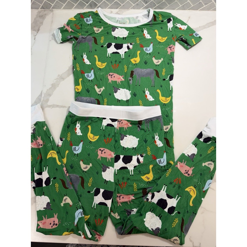 Little Sleepies Green Farm Animals Two Piece Pajama Set Sz 7-8 Years Bamboo Barn